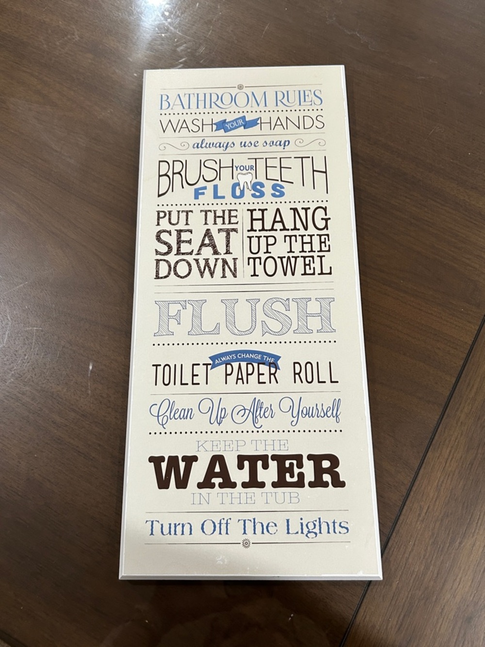Bathroom Rules Wall Art Sign - Cream and Blue